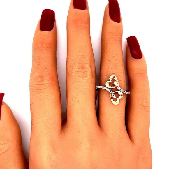 10k Rose & Yellow Gold Bypass Heart Cz Ring - Picture 8 of 9